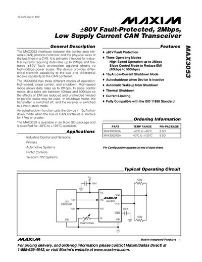 Maxim MAX3053 CAN Transceiver Datasheet