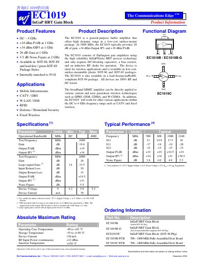 WJ Communications EC1019 InGaP HBT Gain Block Datasheet - cover page