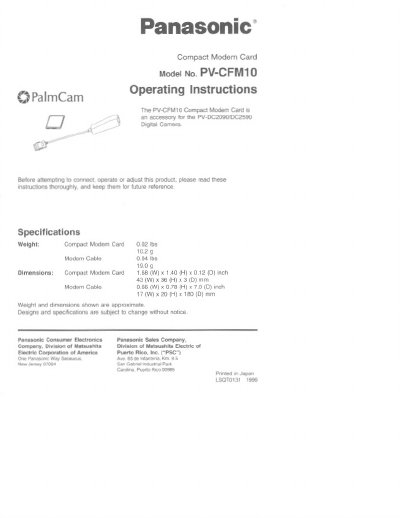 Panasonic PV-CFM10 Compact Modem Card Operating Instructions - cover page