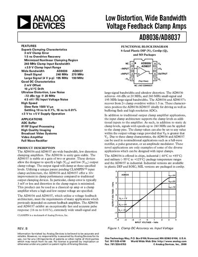 Analog Devices AD8036/AD8037 Voltage Feedback Clamp Amplifiers Datasheet - cover page