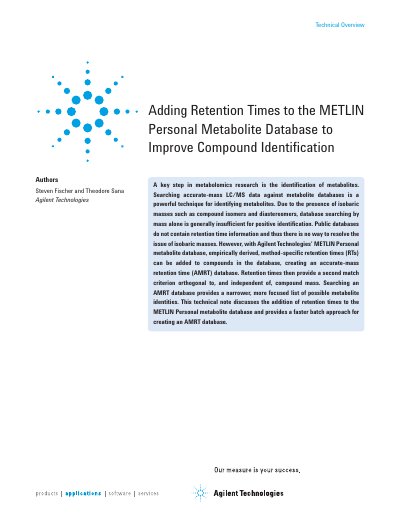 Adding Retention Times to the METLIN Personal Metabolite Database Technical Note - cover page