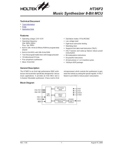 Holtek HT36F2 Music Synthesizer 8-Bit MCU Datasheet