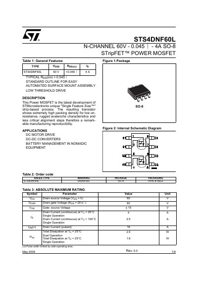 STMicroelectronics STS4DNF60L Power MOSFET Datasheet - cover page