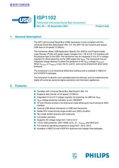Philips ISP1102 USB Transceiver Datasheet - cover page