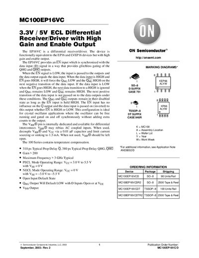 ON SEMICONDUCTOR MC100EP16VC Data Sheet - cover page