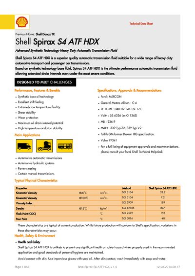 Shell Spirax S4 ATF HDX Automatic Transmission Fluid Technical Data Sheet - cover page