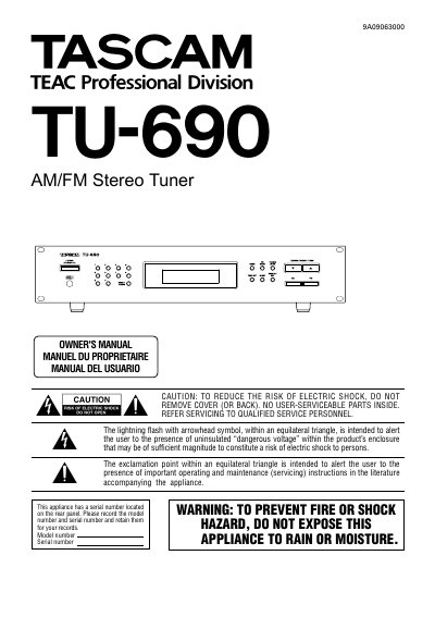 TASCAM TU-690 AM/FM Stereo Tuner Owner's Manual - cover page