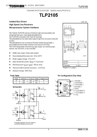 Toshiba TLP2105 Photocoupler Datasheet - cover page