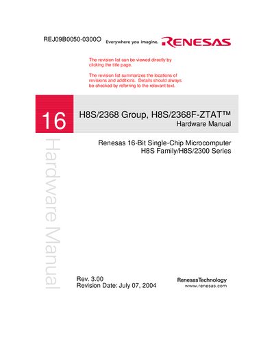Renesas H8S/2368F-ZTAT Hardware Manual - cover page