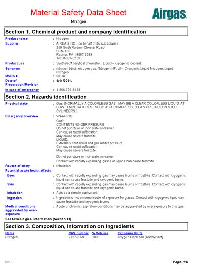Airgas Nitrogen Material Safety Data Sheet