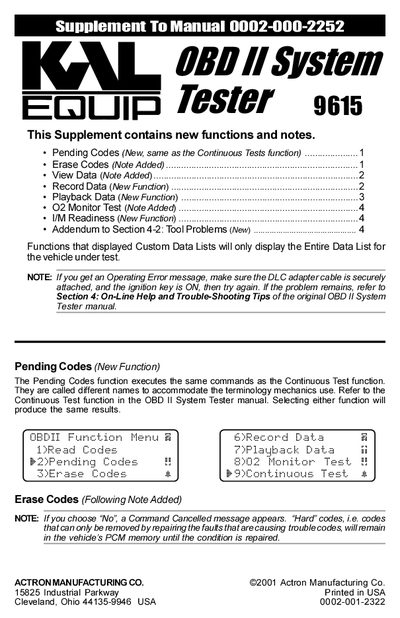 Actron 9615 OBD II System Tester Supplement to User Manual - cover page