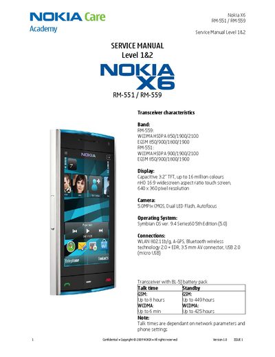 Nokia X6 RM-551/RM-559 Service Manual Level 1&2 - cover page