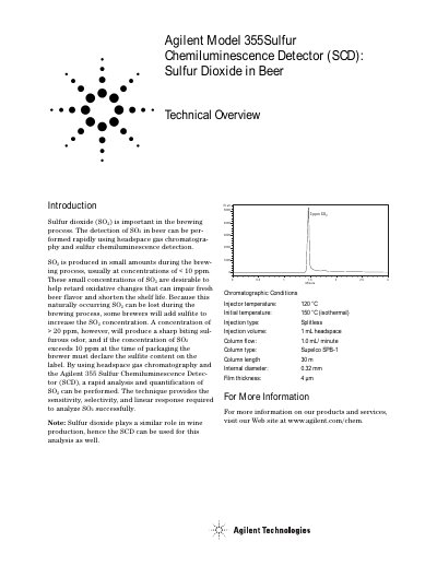 Agilent 355 Sulfur Chemiluminescence Detector Sulfur Dioxide in Beer Application Note - cover page
