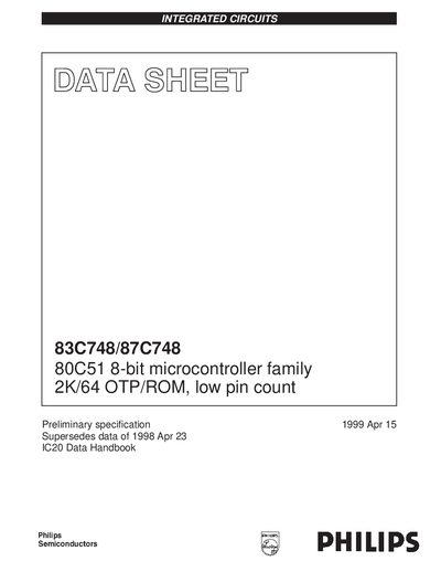 PHILIPS 83C748/87C748 80C51 8-bit microcontroller family 2K/64 OTP/ROM low pin count handbook - cover page