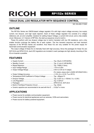Ricoh RP152x Series 150mA Dual LDO Regulator Datasheet - cover page