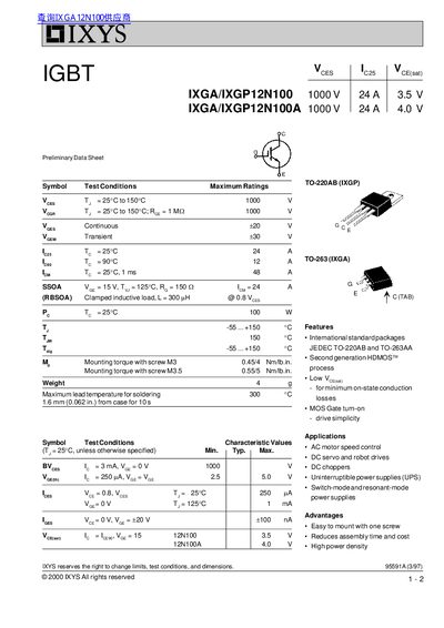 IXYS IXGA12N100 & IXGP12N100 IGBT Datasheet - cover page