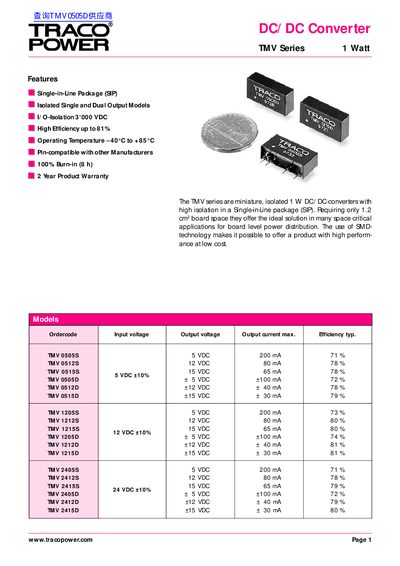 TRACO POWER TMV Series 1 Watt DC/DC Converter Datasheet - cover page