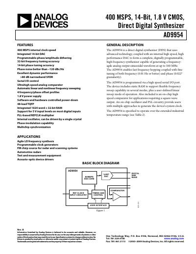 Analog Devices AD9954 Direct Digital Synthesizer Datasheet - cover page