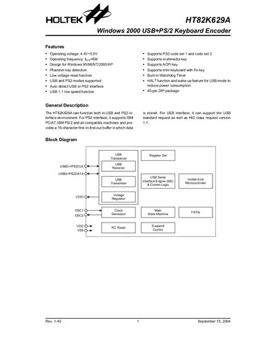 Holtek HT82K629A USB+PS/2 Keyboard Encoder Manual - cover page