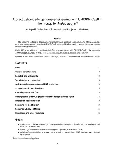 Vosshall Laboratory Aedes aegypti CRISPR‑Cas9 Genome‑Engineering Protocol - cover page
