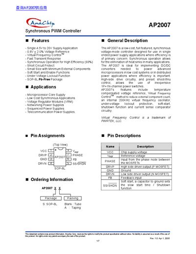 Anachip AP2007 Synchronous PWM Controller Datasheet - cover page