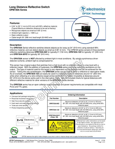 Optek OPB720A Series Long Distance Reflective Switch Manual - cover page