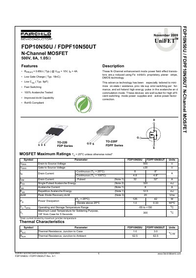 FAIRCHILD FDP10N50U/FDPF10N50UT N-Channel MOSFET handbook - cover page