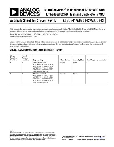 Analog Devices ADuC841/ADuC842/ADuC843 Anomaly Sheet - cover page