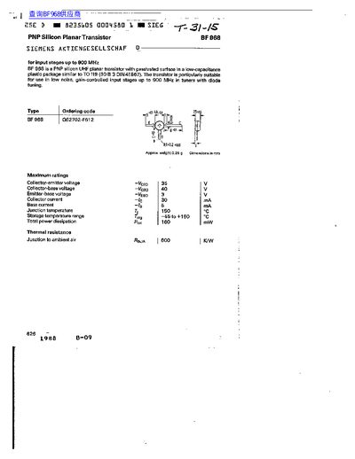 Siemens BF 968 PNP Silicon Planar Transistor Datasheet - cover page
