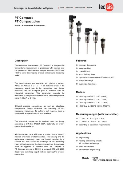 Tecsis PT Compact/Plus Screw-in Resistance Thermometer Data Sheet - cover page