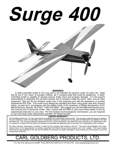 Carl Goldberg Products Surge 400 ARF Assembly and Operation Manual - cover page