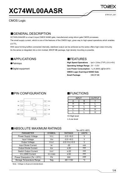 Torex XC74WL00AASR CMOS Logic Manual - cover page