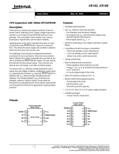 Intersil X5163 X5165 Data Sheet - cover page