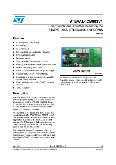 ST STEVAL-ICB003V1 Smart touchpanel interface based on the STMPE1208S STLED316S STM8S handbook