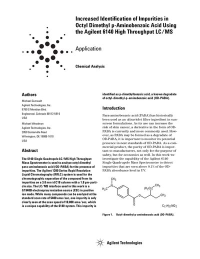 Agilent 6140 High Throughput LC/MS Application Note for Impurity Identification in OD-PABA - cover page