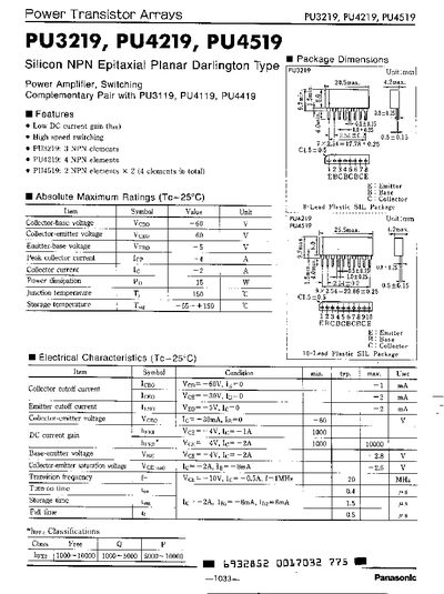 Panasonic PU3219 Power Transistor Array Datasheet - cover page