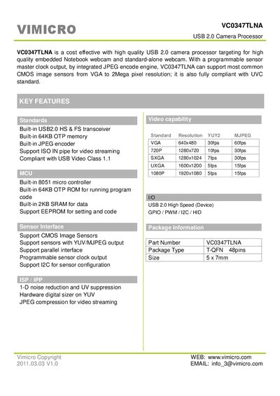 Vimicro VC0347TLNA USB 2.0 Camera Processor Datasheet - cover page