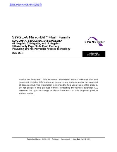 SPANSION S29GL064A S29GL032A S29GL016A MirrorBit Flash Family Data Sheet - cover page