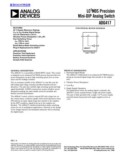 Analog Devices ADG417 Mini-DIP Analog Switch Datasheet