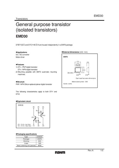ROHM EMD30 General Purpose Isolated Transistor Datasheet - cover page
