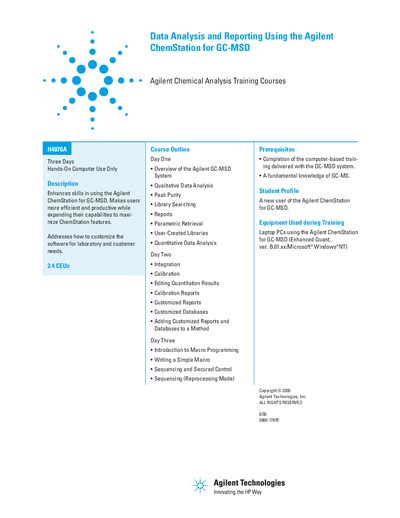 Agilent H4076A Data Analysis and Reporting Training Course Handbook - cover page