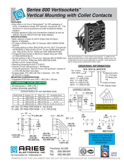 Aries Series 800 Vertisockets Vertical Mounting with Collet Contacts - cover page