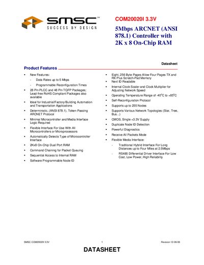 SMSC COM20020I 3.3V ARCNET Controller Datasheet - cover page