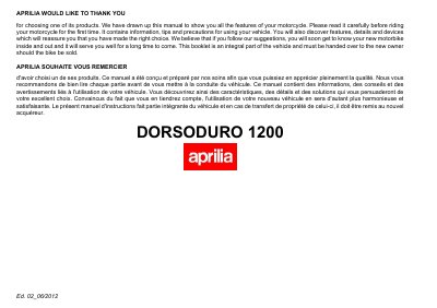 aprilia 897198 Dorsoduro 1200 ENUS-FR Manual - cover page