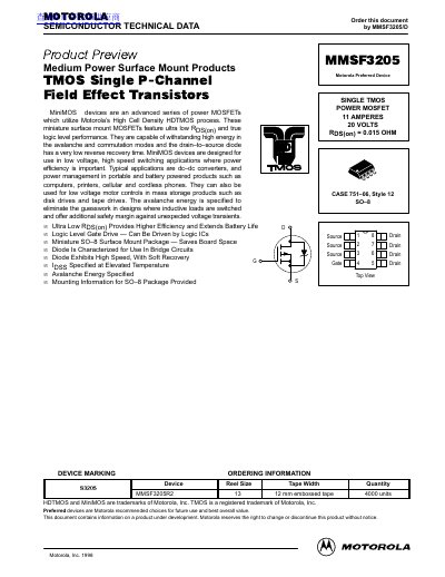 Motorola MMSF3205 Medium Power Surface Mount MOSFET Datasheet - cover page