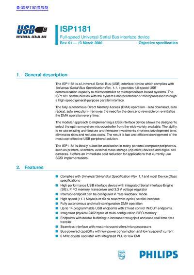 Philips ISP1181 Full-speed USB Interface Service Manual - cover page