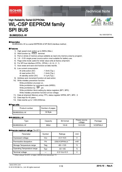 ROHM BU9832GUL-W Serial EEPROM Technical Note - cover page