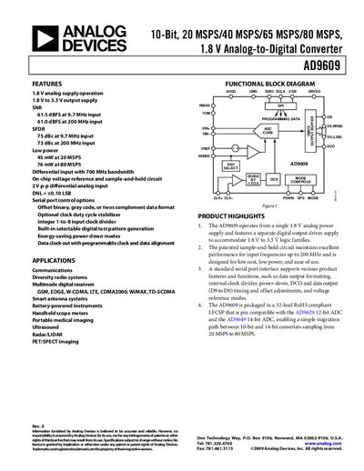 Analog Devices AD9609 Analog-to-Digital Converter Data Sheet - cover page