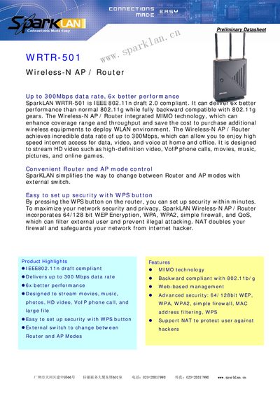 SparkLAN WRTR-501 Wireless-N AP/Router Datasheet - cover page