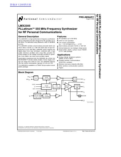 National Semiconductor LMX2305 PLLatinum Frequency Synthesizer Datasheet - cover page